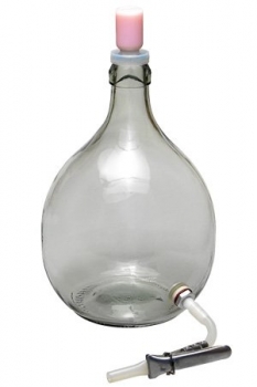 Glasballon 5 ltr. weiss, Mündung 38,8mm kompl. inkl. Ablassgarnitur Kunststoff, Silikonschlauch und Quetschklemme, ohne Verschluss!